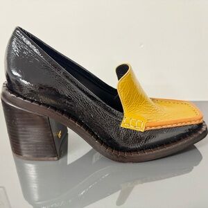 Tory Burch Patent Leather Block Heel Loafers Black Yellow Size 8.5